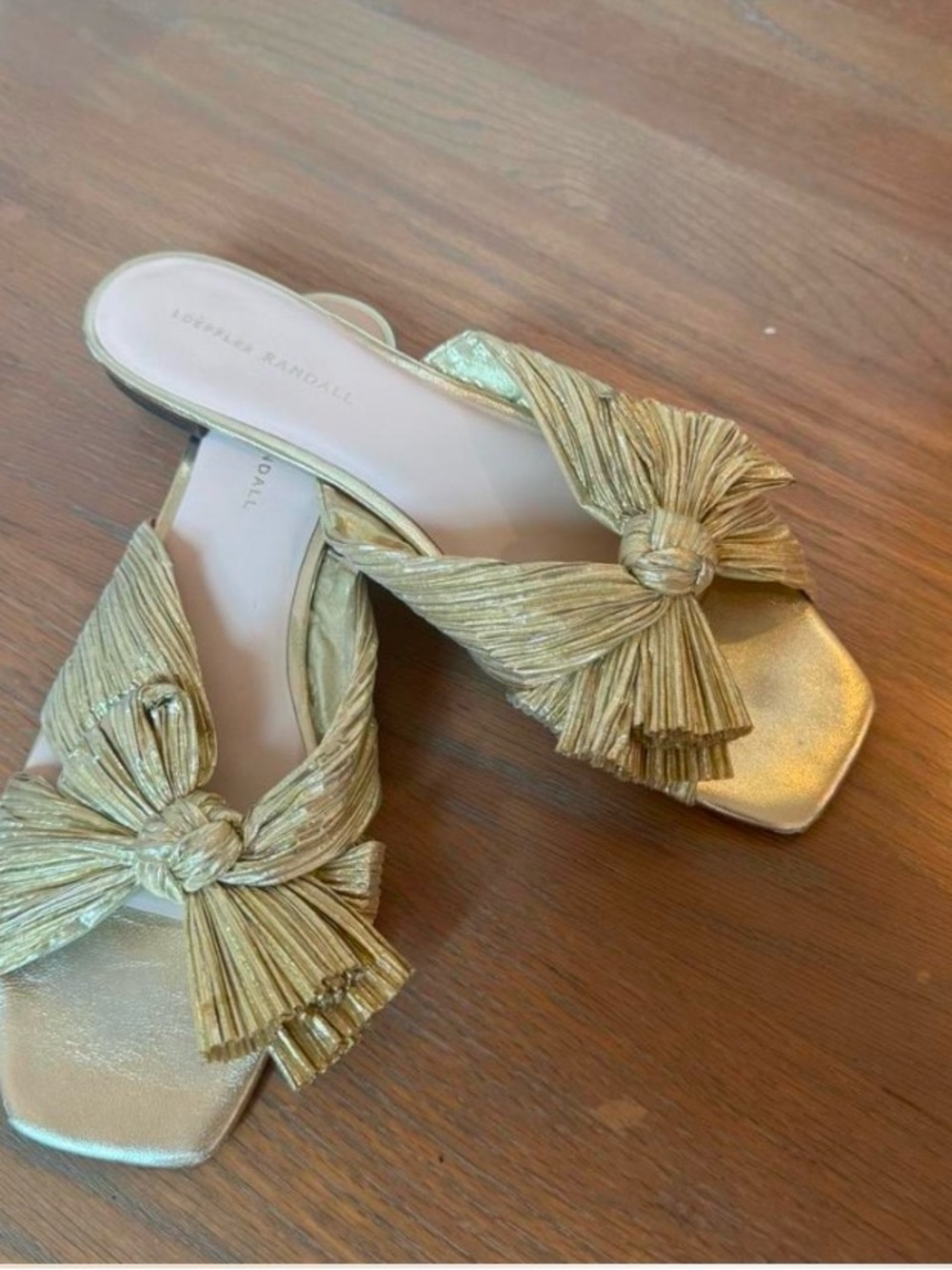 Loeffler Randall Metallic Gold Knot Bow Slide Sandals - Picture 2 of 4
